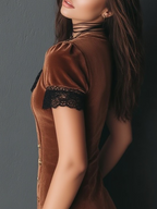Retro Velvet Mini Dress with Lace Trim and Button Details