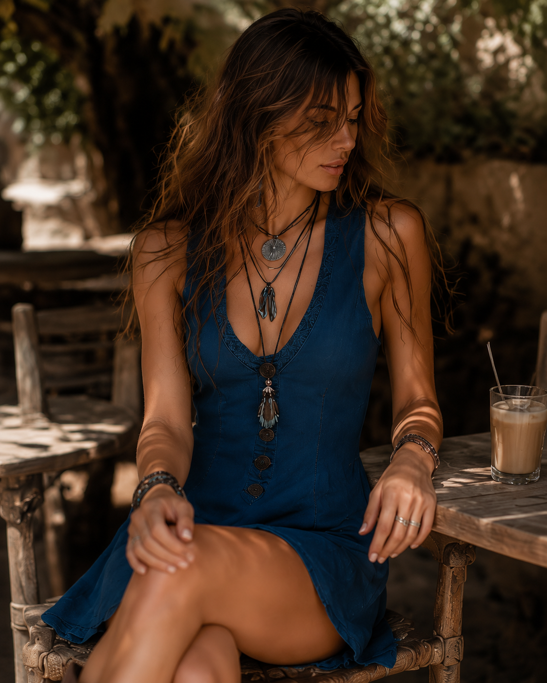 Boho Chic Indigo Embroidered Button Sleeveless Mini Dress