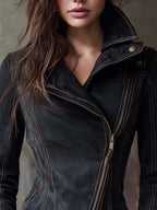 Vintage Washed Denim Biker Jacket – Dark Grey Edge