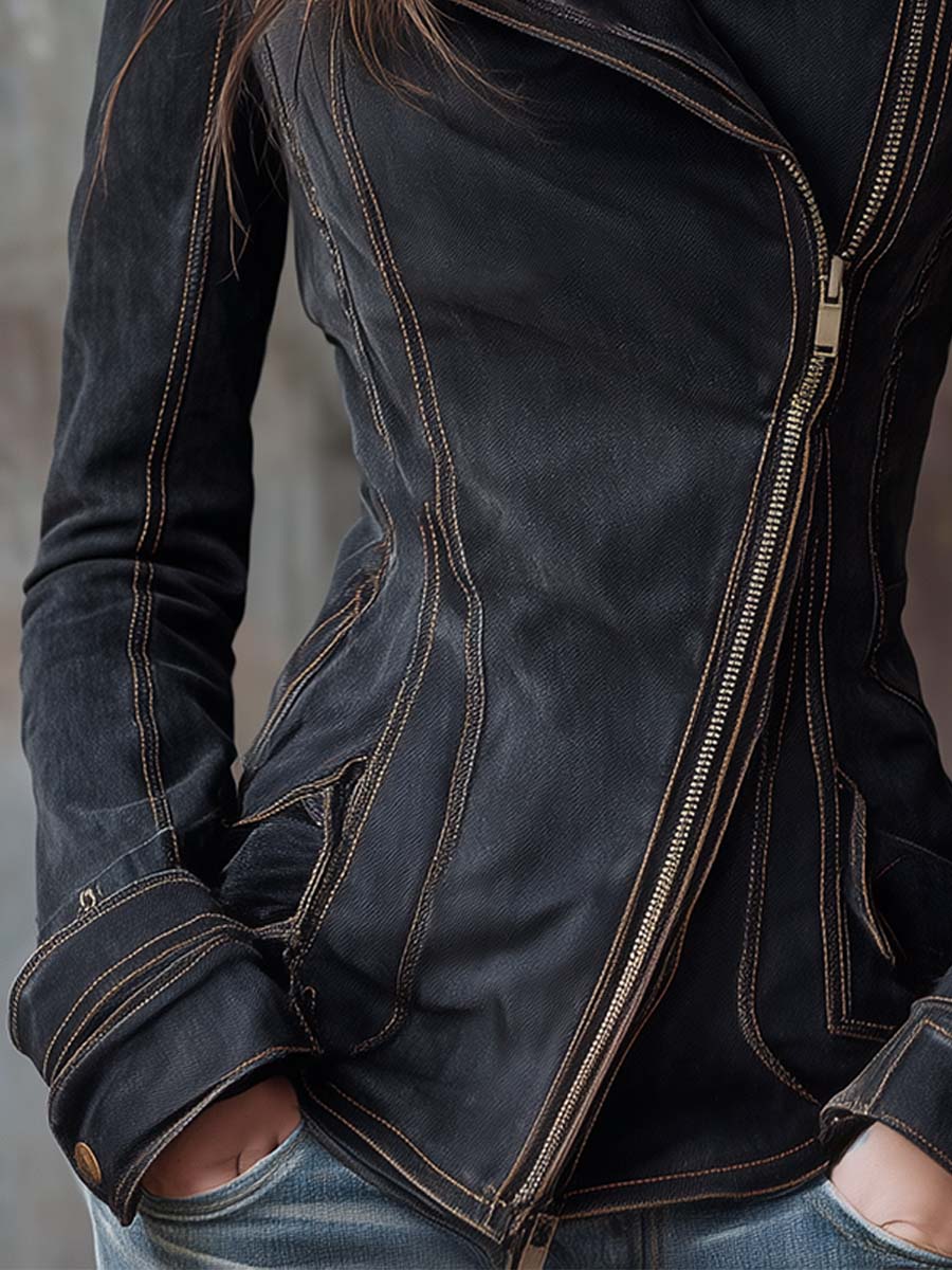 Vintage Washed Denim Biker Jacket – Dark Grey Edge