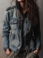 Πλυμένο και Φθαρμένο Τζάκετ Denim με Επικαλύψεις