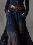 Retro Patchwork Suede Maxi Dress Featuring Plaid Accents