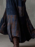 Retro Patchwork Suede Maxi Dress Featuring Plaid Accents