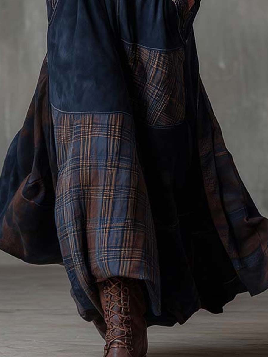 Retro Patchwork Suede Maxi Dress Featuring Plaid Accents