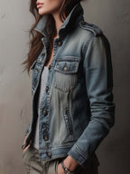 Πλυμένο και Φθαρμένο Τζάκετ Denim με Επικαλύψεις