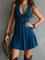Boho Chic Indigo Embroidered Button Sleeveless Mini Dress