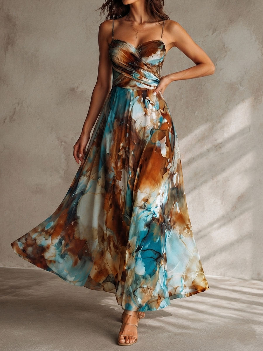 Μάξι Φόρεμα Chiffon με Boho Υδατογραφική Εκτύπωση