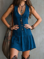 Boho Chic Indigo Embroidered Button Sleeveless Mini Dress
