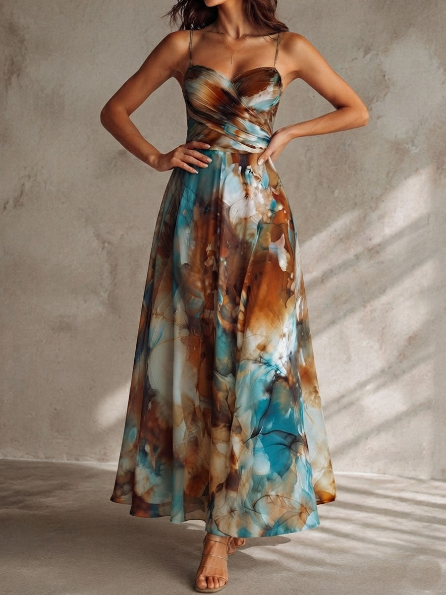 Μάξι Φόρεμα Chiffon με Boho Υδατογραφική Εκτύπωση