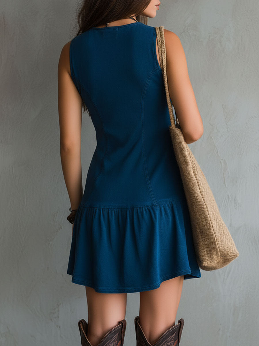 Boho Chic Indigo Embroidered Button Sleeveless Mini Dress