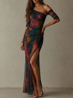 Ρετρό Elegant Galaxy Print One-Shoulder Ραμμένο Mesh Maxi Φόρεμα για Βραδινές Εξόδους