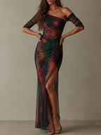 Ρετρό Elegant Galaxy Print One-Shoulder Ραμμένο Mesh Maxi Φόρεμα για Βραδινές Εξόδους