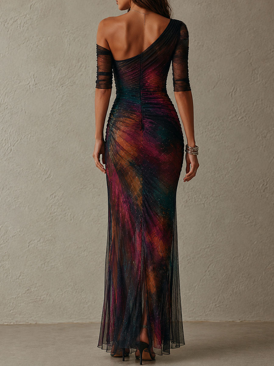 Ρετρό Elegant Galaxy Print One-Shoulder Ραμμένο Mesh Maxi Φόρεμα για Βραδινές Εξόδους
