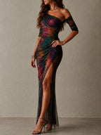 Ρετρό Elegant Galaxy Print One-Shoulder Ραμμένο Mesh Maxi Φόρεμα για Βραδινές Εξόδους