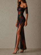 Ρετρό Elegant Galaxy Print One-Shoulder Ραμμένο Mesh Maxi Φόρεμα για Βραδινές Εξόδους