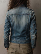 Πλυμένο και Φθαρμένο Τζάκετ Denim με Επικαλύψεις