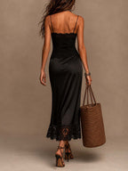 Retro Lace Camisole Midi Dress with Satin Lace Hem