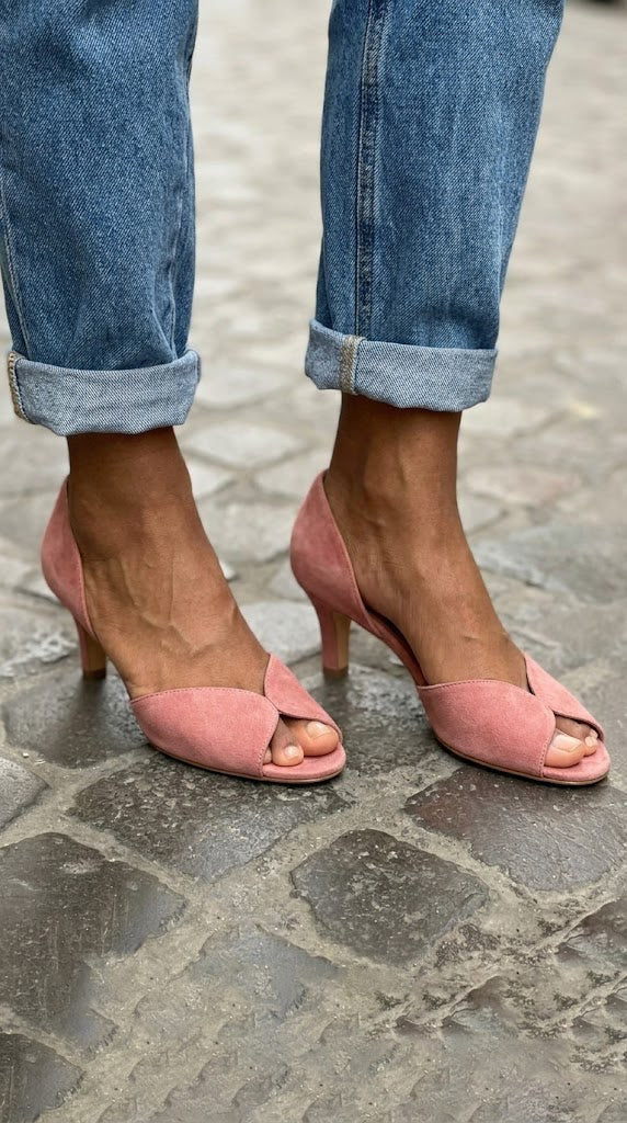 Mira - Peep Toe Heels in Pink Nubuck Leather