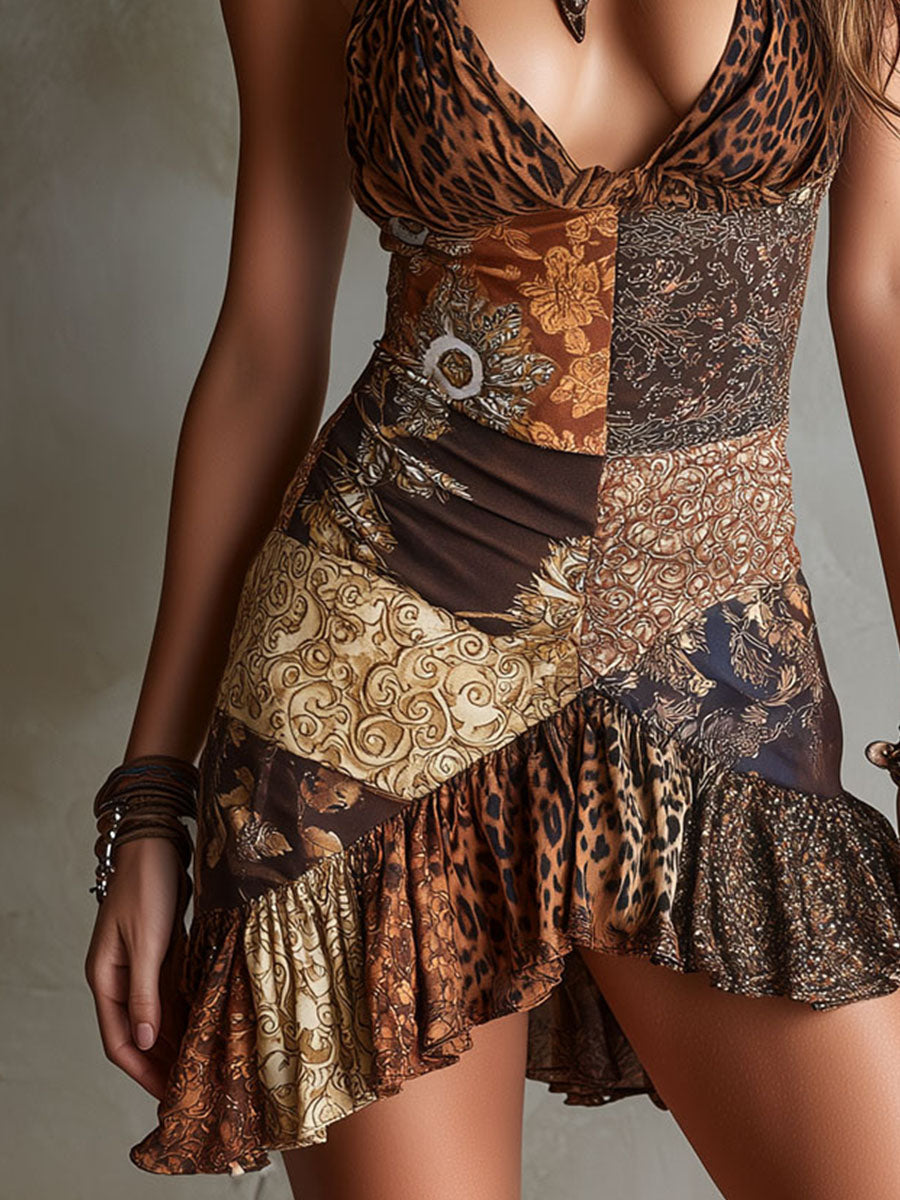 Μίνι Φόρεμα Boho με Λεοπάρ και Μπαρόκ Εκτύπωση και Ραφή στο Τελείωμα