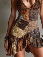 Μίνι Φόρεμα Boho με Λεοπάρ και Μπαρόκ Εκτύπωση και Ραφή στο Τελείωμα