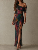 Ρετρό Elegant Galaxy Print One-Shoulder Ραμμένο Mesh Maxi Φόρεμα για Βραδινές Εξόδους