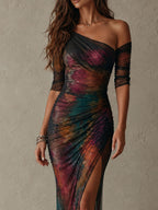Ρετρό Elegant Galaxy Print One-Shoulder Ραμμένο Mesh Maxi Φόρεμα για Βραδινές Εξόδους