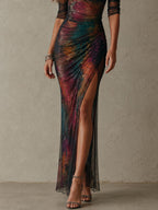 Ρετρό Elegant Galaxy Print One-Shoulder Ραμμένο Mesh Maxi Φόρεμα για Βραδινές Εξόδους