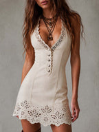 Retro-Inspired Pure Cotton Mini Dress with Cutwork Embroidered Hem