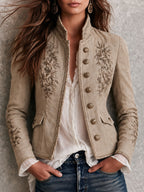 Ρετρό Μπεζ Ζακέτα με Στάντ Γιακά και Λουλουδάτη Κεντητική Διακόσμηση
