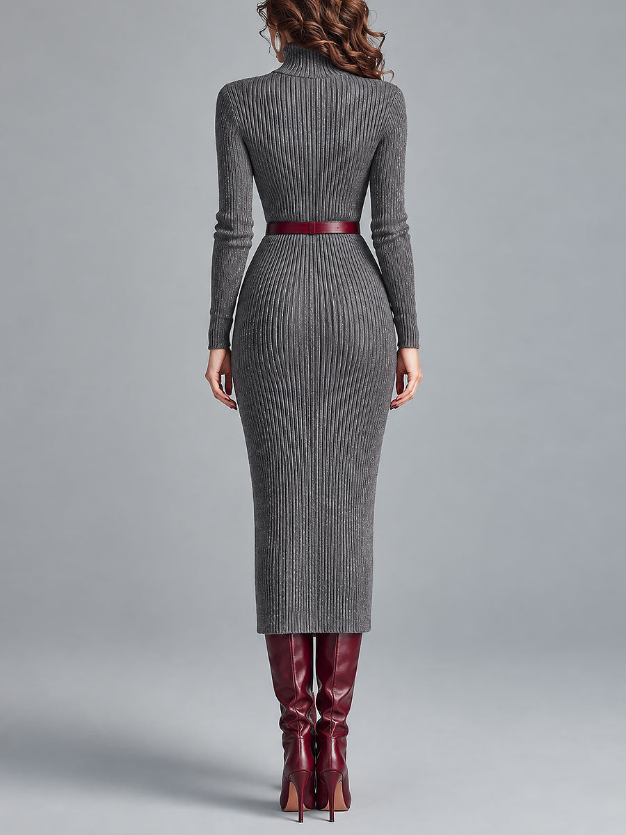 Κομψό Midi Φόρεμα Slim-fit Με Υψηλό Λαιμό Και Ριπ Κόψιμο, Συμπεριλαμβάνει Ζώνη