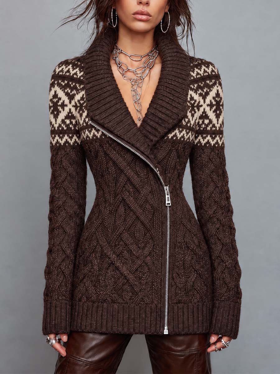 Retro Fair Isle Cable Knit Zip-Up Sweater Coat