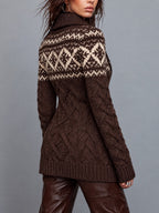Retro Fair Isle Cable Knit Zip-Up Sweater Coat
