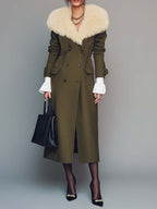 Retro Olive Green Trench Coat with Removable Fur Collar