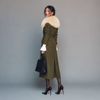 Retro Olive Green Trench Coat with Removable Fur Collar