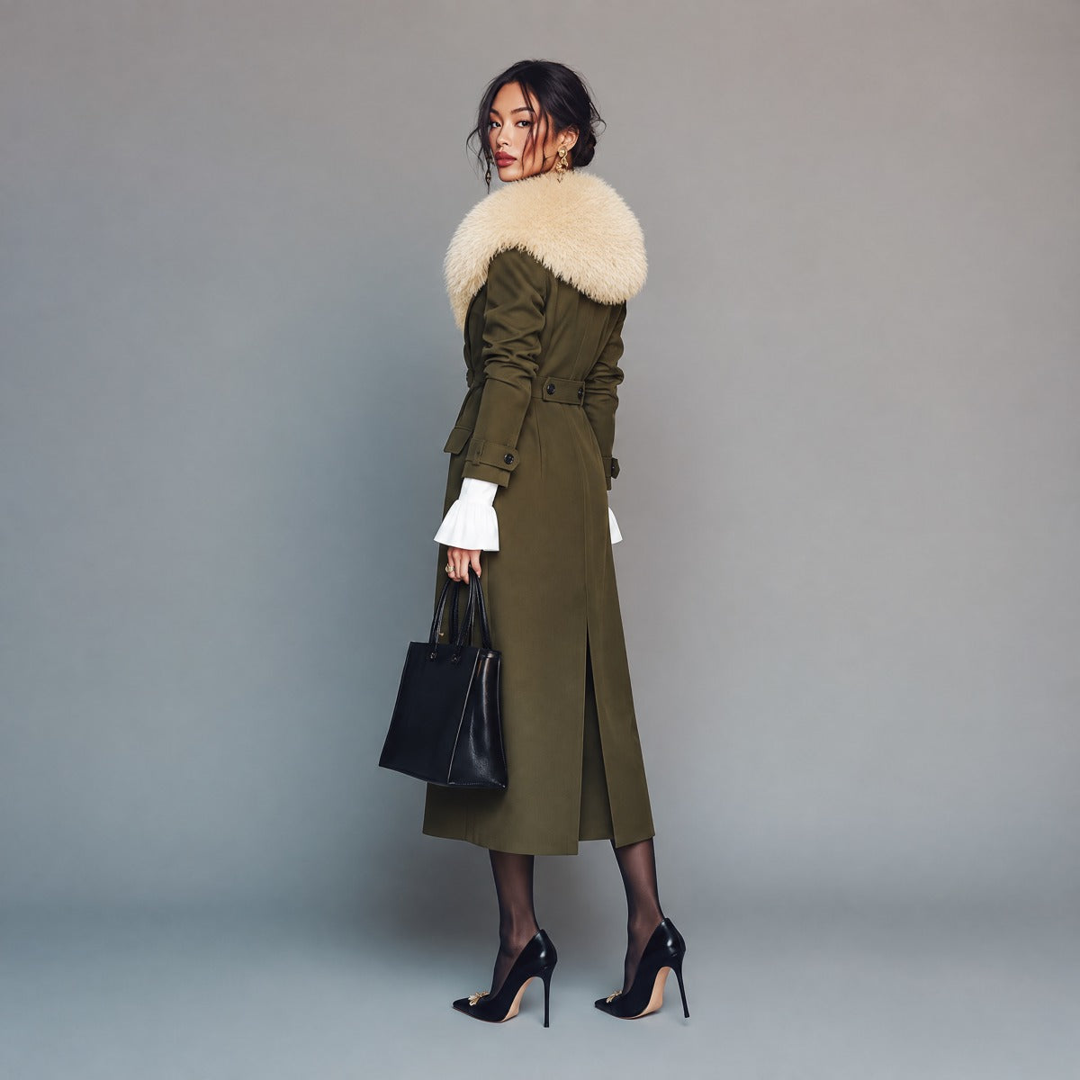 Retro Olive Green Trench Coat with Removable Fur Collar