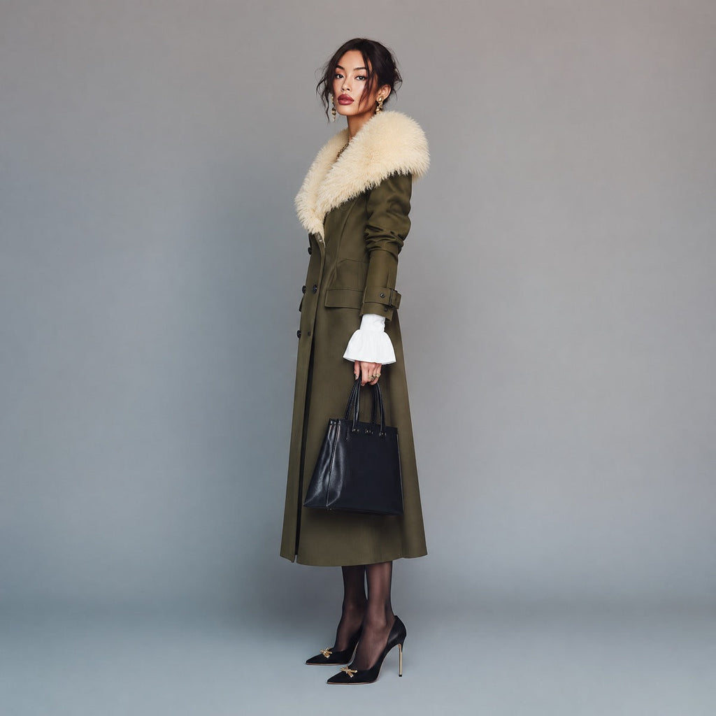 Retro Olive Green Trench Coat with Removable Fur Collar