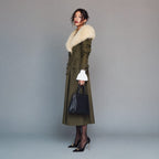 Retro Olive Green Trench Coat with Removable Fur Collar