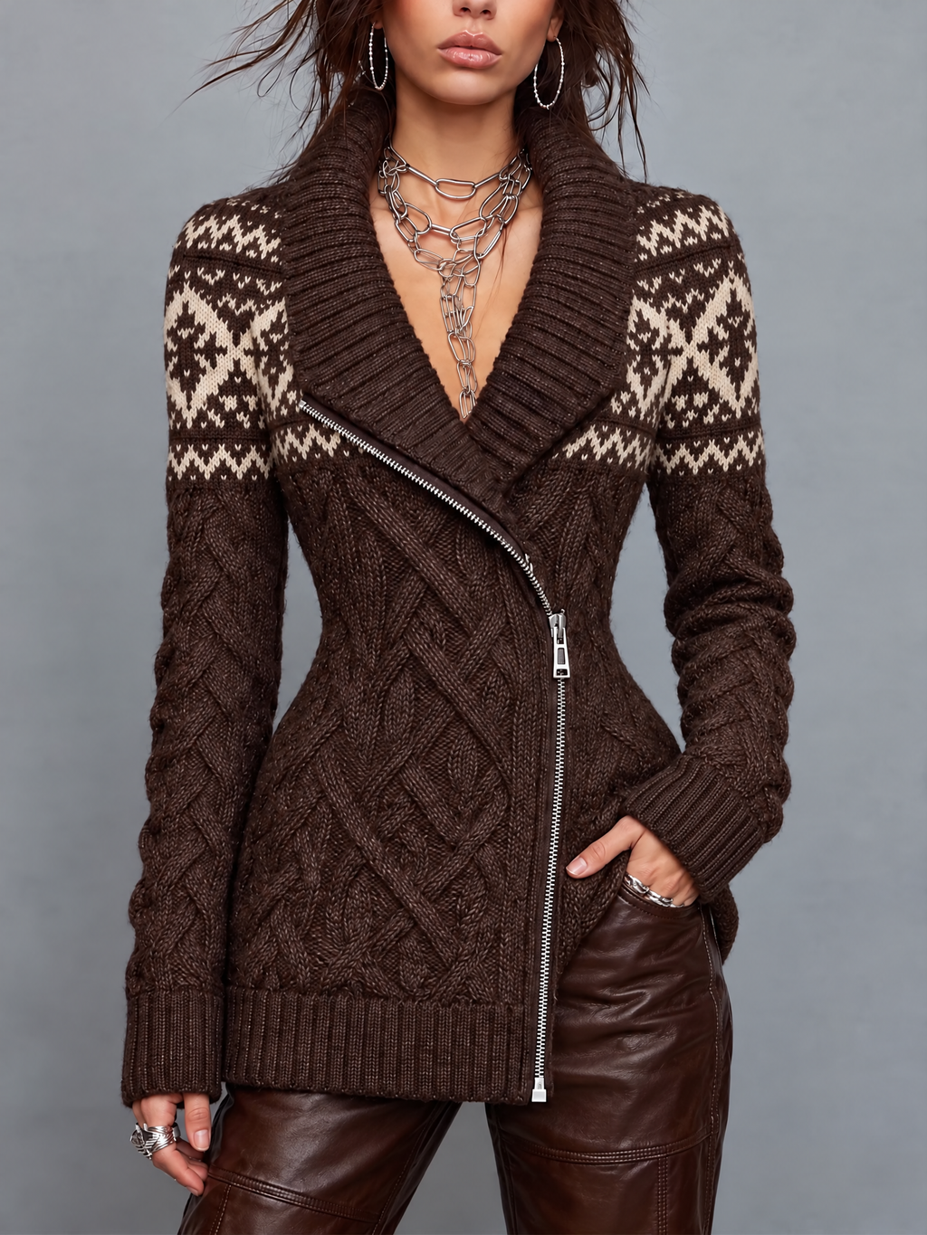Retro Fair Isle Cable Knit Zip-Up Sweater Coat