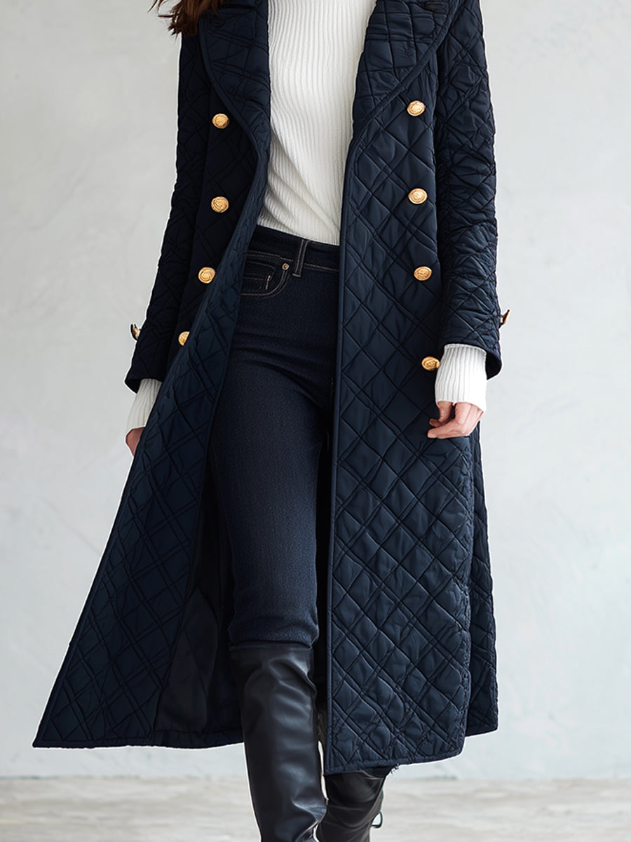 Retro Bohemian Midnight Quilted Double-Breasted Duster Jacket