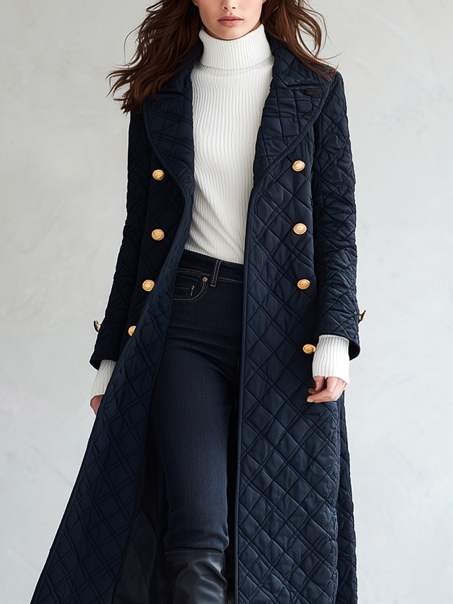 Retro Bohemian Midnight Quilted Double-Breasted Duster Jacket