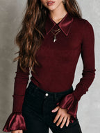 Vintage Burgundy Satin Long Sleeve Ribbed Embroidered Top