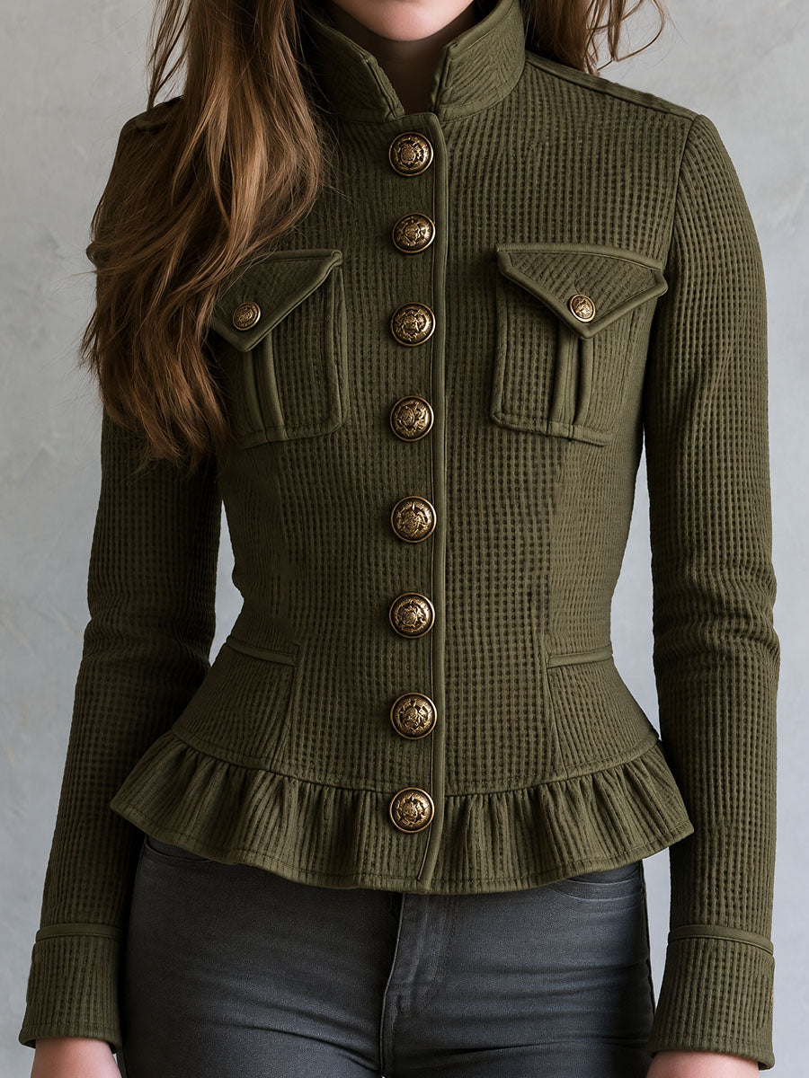 Ρετρό Ζακέτα Βάφλας σε Ελιά με Ραφή Πέπλου