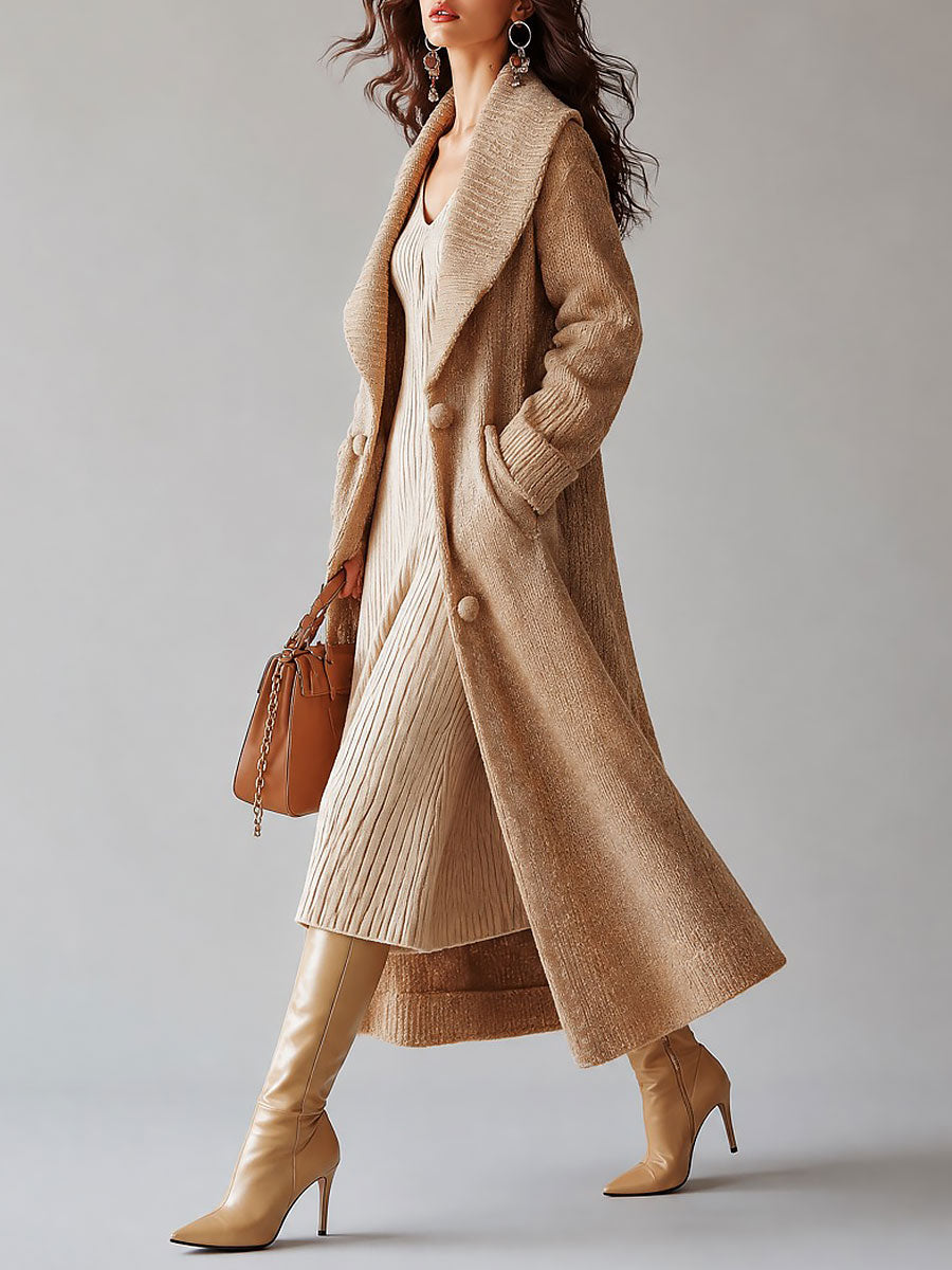 Μπεζ Μακρυμάνικη Πλεκτή Ζακέτα με Σατέν Oversized Γιακά