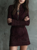 Retro Suede Mini Dress with Embroidered Lace Trim
