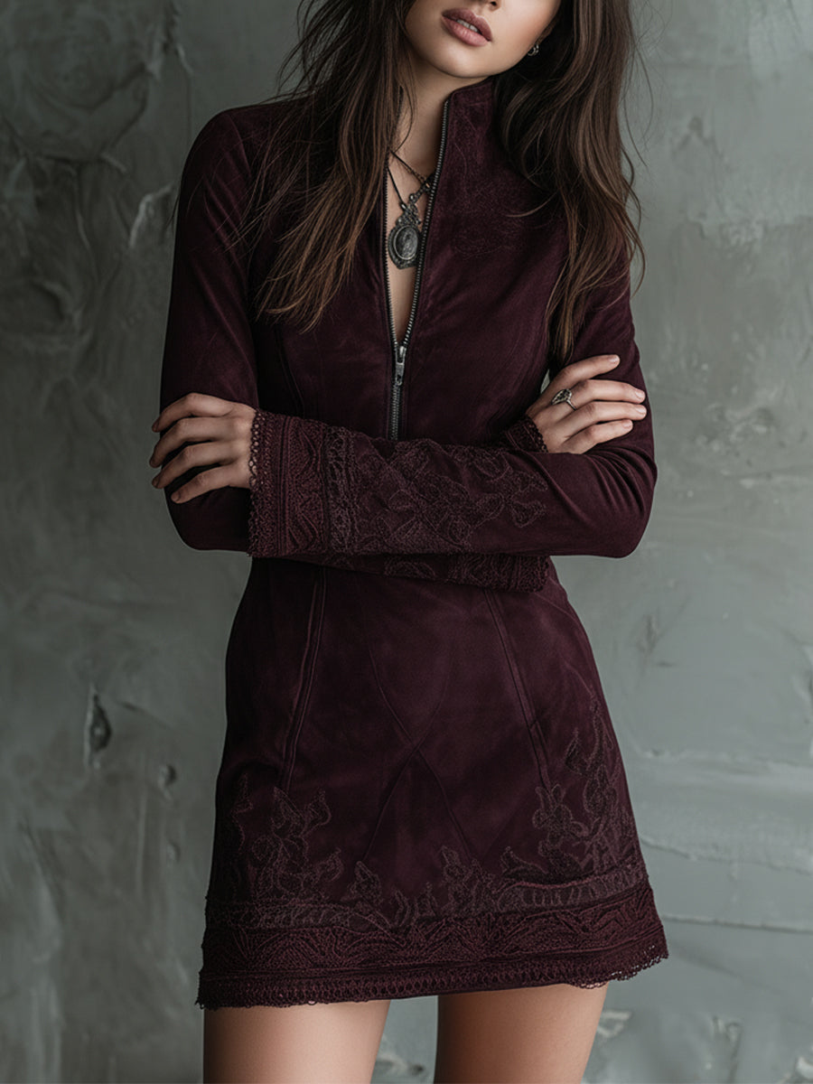 Retro Suede Mini Dress with Embroidered Lace Trim