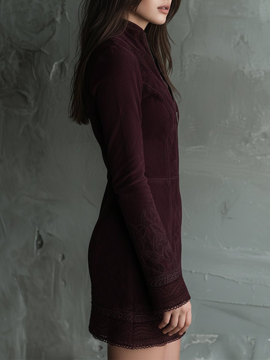 Retro Suede Mini Dress with Embroidered Lace Trim