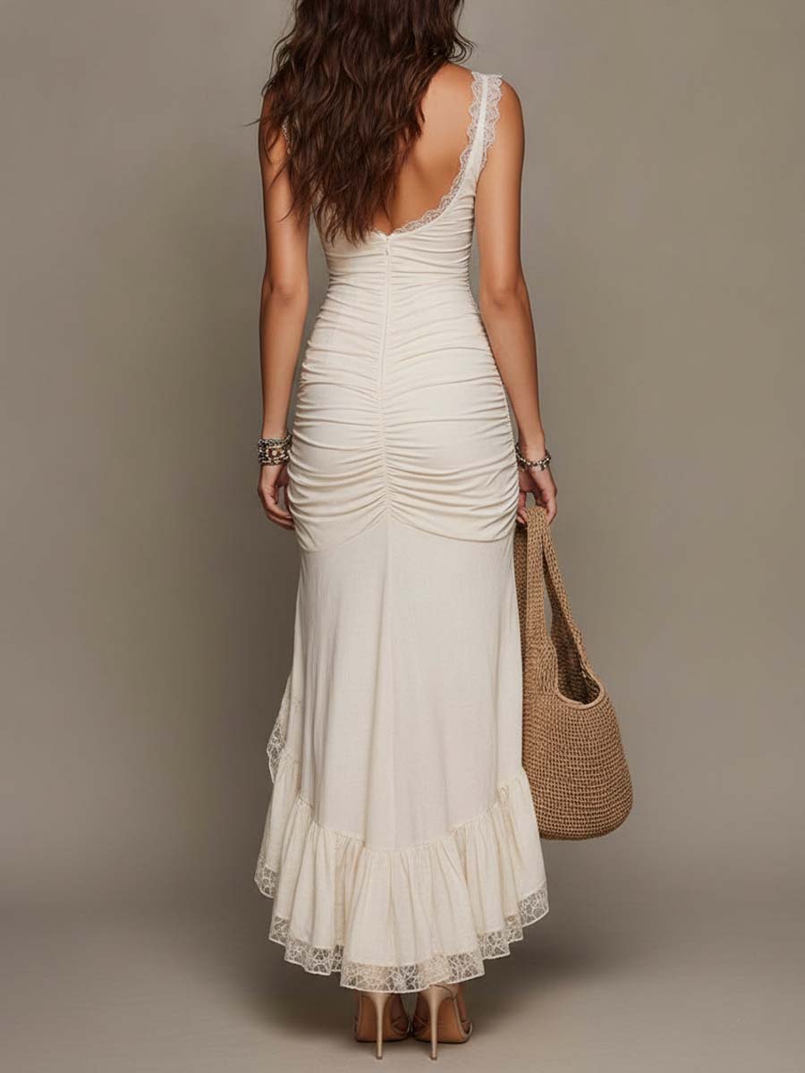 Vintage Boho Ρουστίκ Μίντι Φόρεμα από Βαμβακερό Μίγμα με Δαντέλα και Ψαροκόκαλο