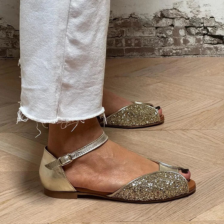 Bruna - Peep Toe Σανδάλια με Χρυσό Γκλίτερ