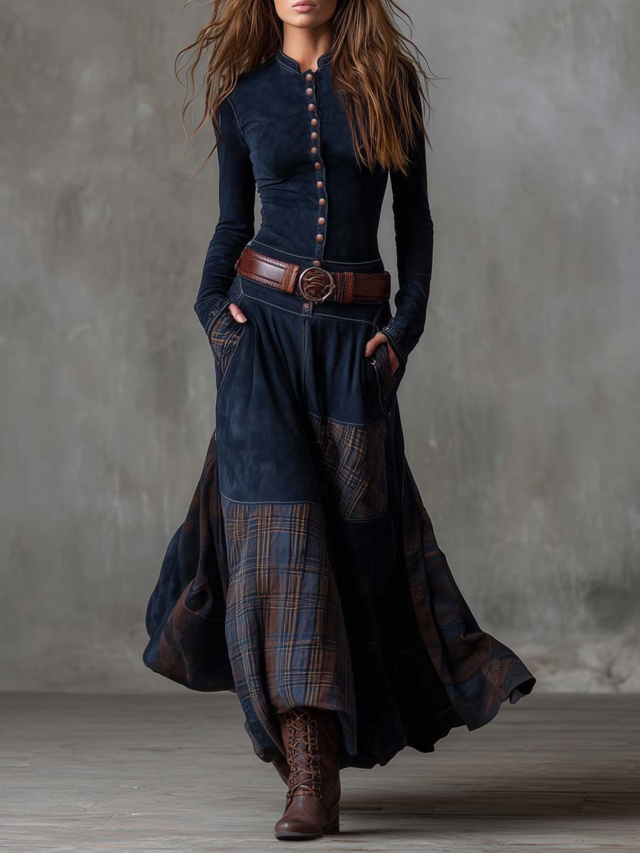Retro Patchwork Suede Maxi Dress Featuring Plaid Accents