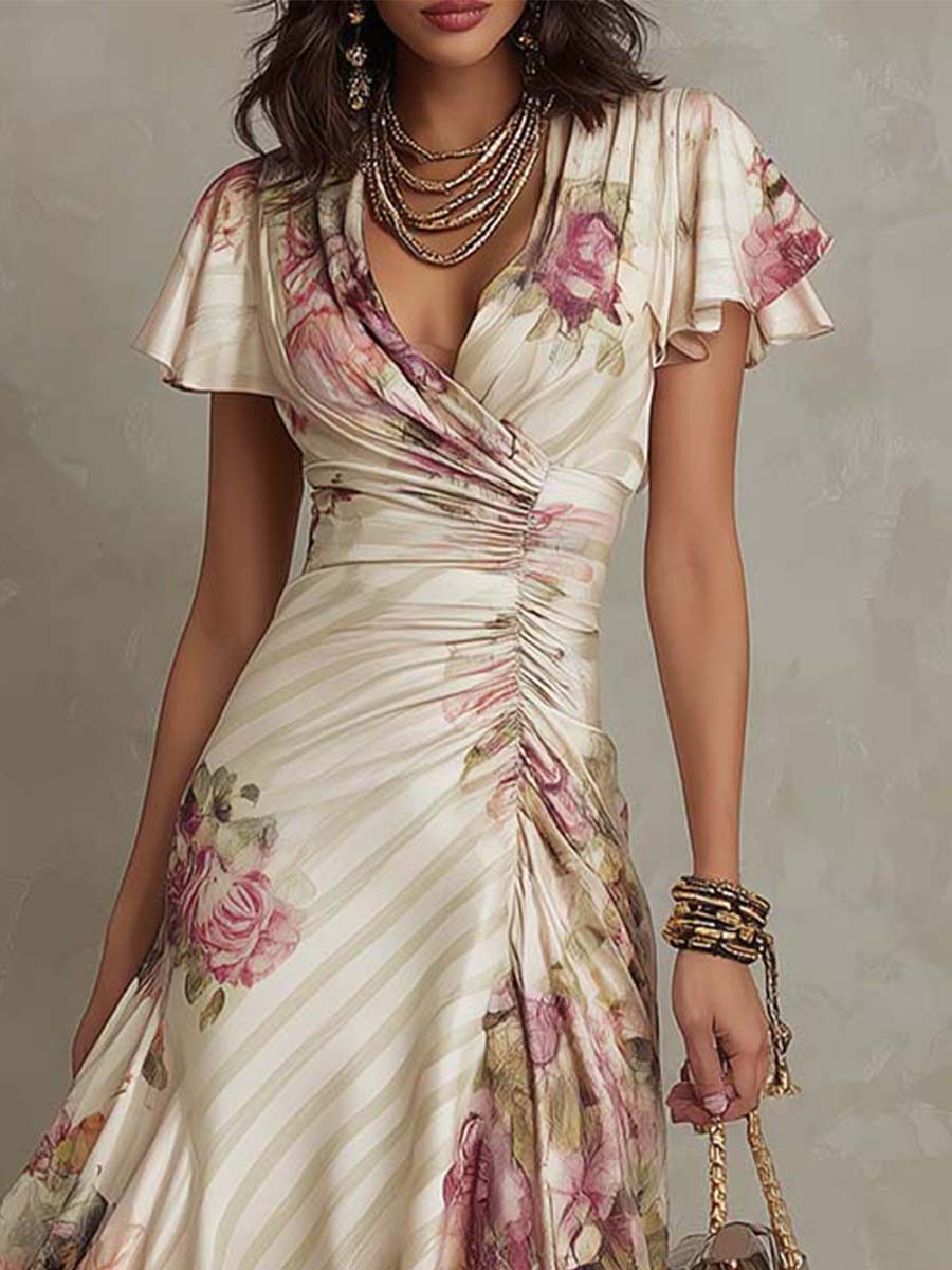 Κομψό Vintage Floral Midi Φόρεμα από Σατέν